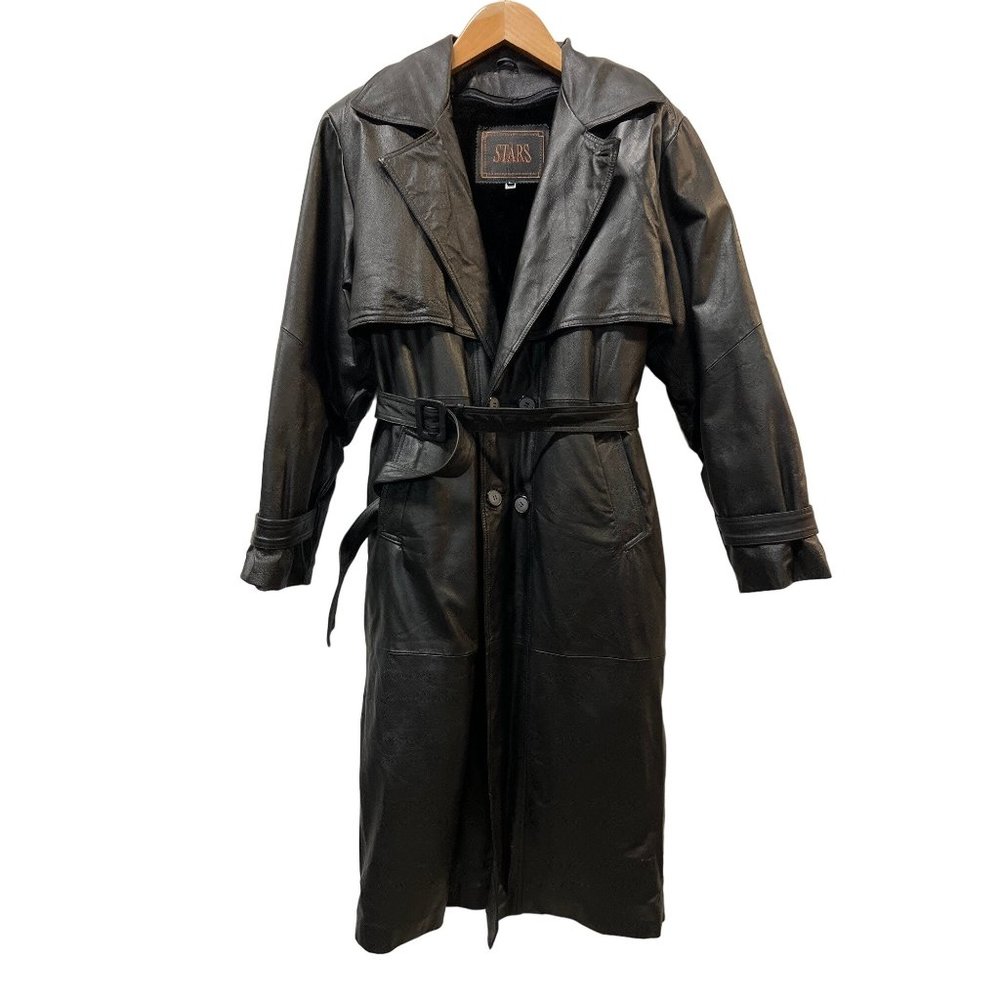 STARS Genuine Leather Vintage Black Long Coat Faux Fur lined Jacket Trenchcoat